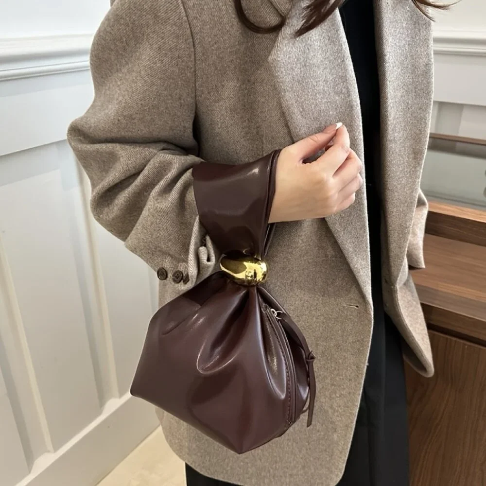 Burgundy Bucket Bag Faux Leather Handbag with Unique Folded Cloud Design